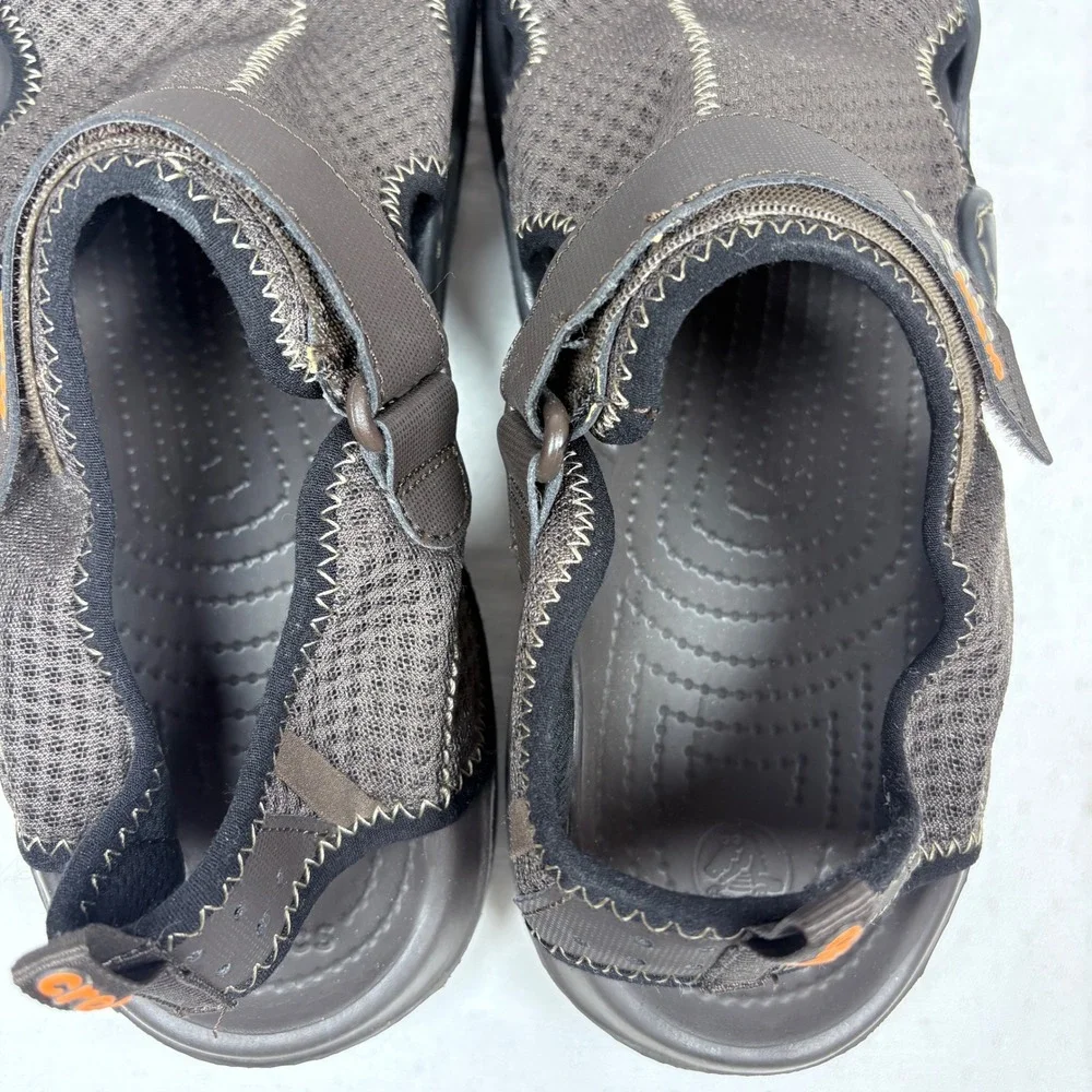 Crocs Swiftwater Mesh Deck Fisherman Sandals Men 12 Brown Water Shoes 15041 EUC